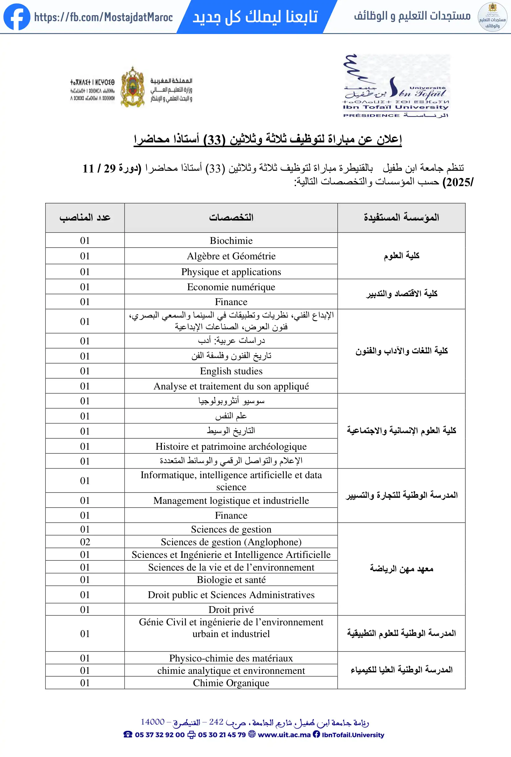 مباراة لتوظيف أستاذ محاضر من الدرجة أ - سلم 11 - 1
